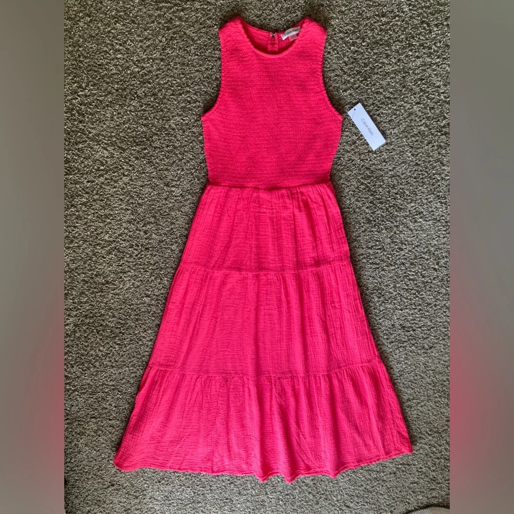 Calvin Klein Coral Smocked Tiered Maxi Dress Sleeveless 100% Cotton